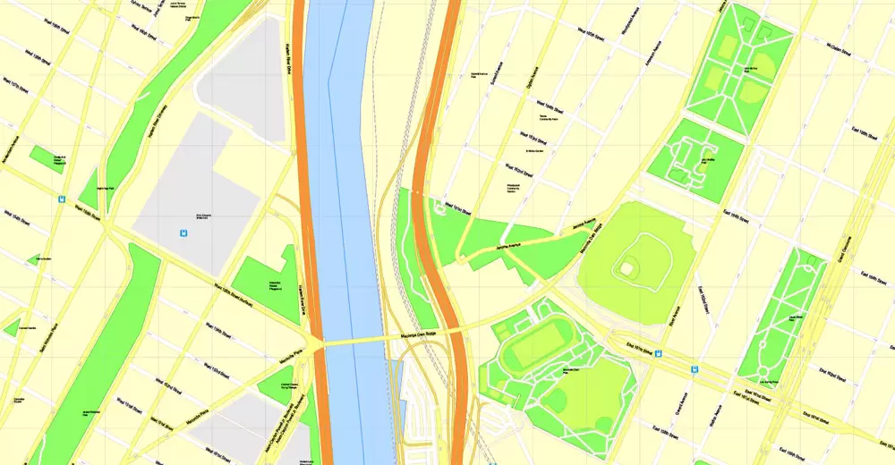 Printable Map Manhattan, New York, exact vector street G-View Level 17 (100 meters scale) map, V.08.12. fully editable, Adobe Illustrator, full vector, scalable, editable text format of street names, 4 Mb ZIP.