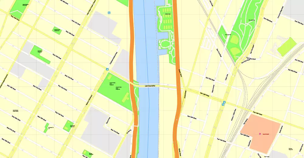 Printable Map Manhattan, New York, exact vector street G-View Level 17 (100 meters scale) map, V.08.12. fully editable, Adobe Illustrator, full vector, scalable, editable text format of street names, 4 Mb ZIP.