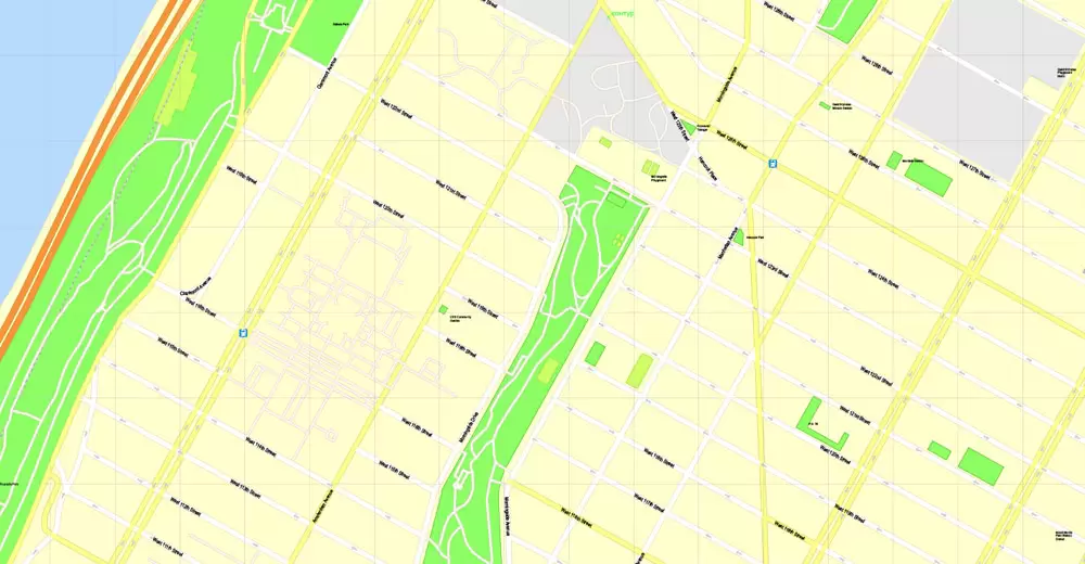 Printable Map Manhattan, New York, exact vector street G-View Level 17 (100 meters scale) map, V.08.12. fully editable, Adobe Illustrator, full vector, scalable, editable text format of street names, 4 Mb ZIP.