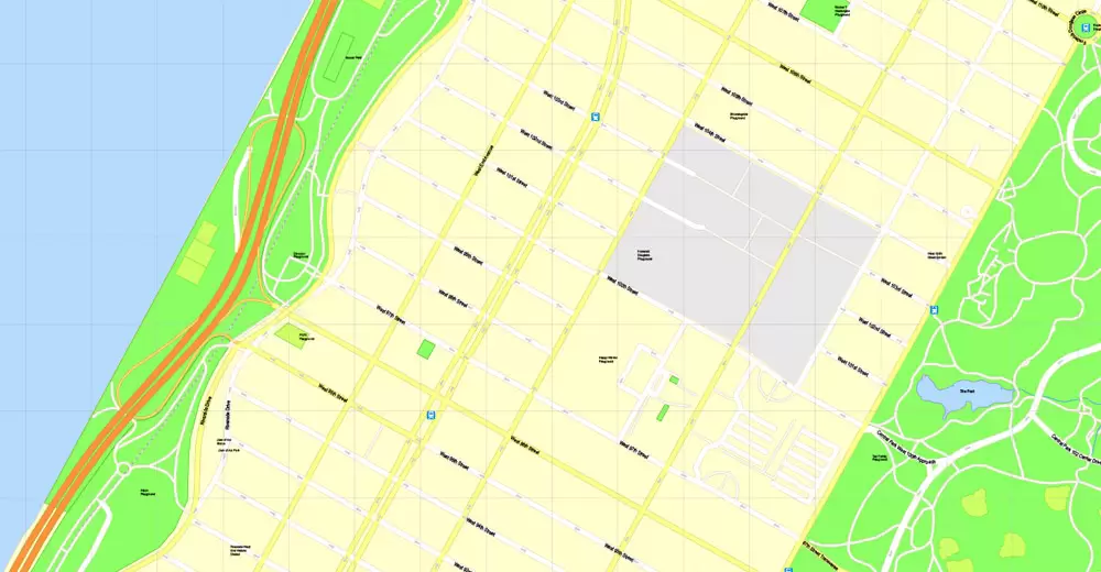 Printable Map Manhattan, New York, exact vector street G-View Level 17 (100 meters scale) map, V.08.12. fully editable, Adobe Illustrator, full vector, scalable, editable text format of street names, 4 Mb ZIP.