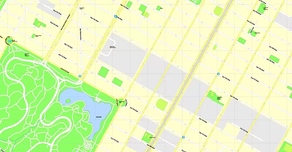 Printable Map Manhattan, New York, exact vector street G-View Level 17 (100 meters scale) map, V.08.12. fully editable, Adobe Illustrator, full vector, scalable, editable text format of street names, 4 Mb ZIP.