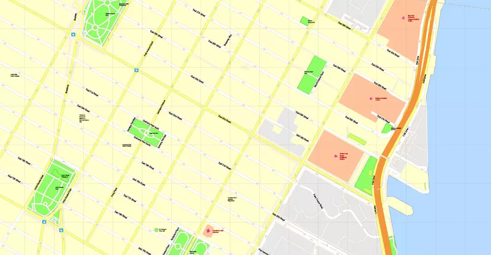Printable Map Manhattan, New York, exact vector street G-View Level 17 (100 meters scale) map, V.08.12. fully editable, Adobe Illustrator, full vector, scalable, editable text format of street names, 4 Mb ZIP.
