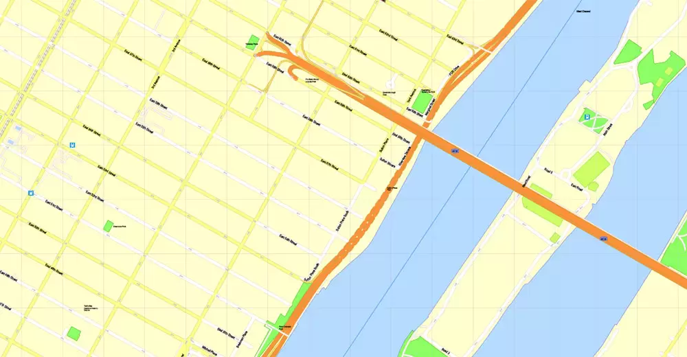 Printable Map Manhattan, New York, exact vector street G-View Level 17 (100 meters scale) map, V.08.12. fully editable, Adobe Illustrator, full vector, scalable, editable text format of street names, 4 Mb ZIP.