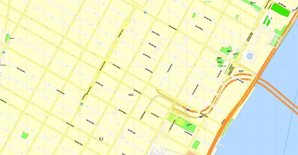 Printable Map Manhattan, New York, exact vector street G-View Level 17 (100 meters scale) map, V.08.12. fully editable, Adobe Illustrator, full vector, scalable, editable text format of street names, 4 Mb ZIP.