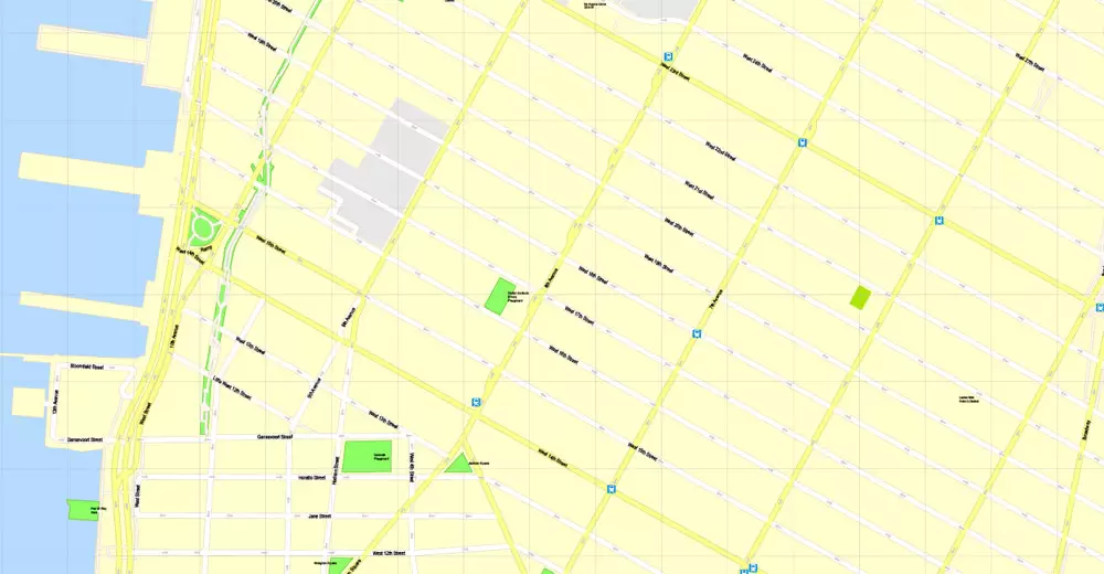 Printable Map Manhattan, New York, exact vector street G-View Level 17 (100 meters scale) map, V.08.12. fully editable, Adobe Illustrator, full vector, scalable, editable text format of street names, 4 Mb ZIP.