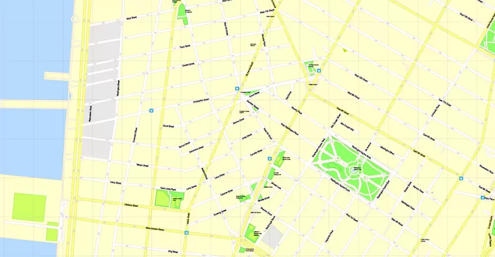 Printable Map Manhattan, New York, exact vector street G-View Level 17 (100 meters scale) map, V.08.12. fully editable, Adobe Illustrator, full vector, scalable, editable text format of street names, 4 Mb ZIP.
