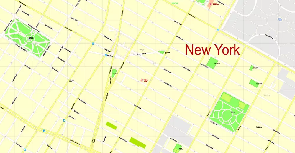 Printable Map Manhattan, New York, exact vector street G-View Level 17 (100 meters scale) map, V.08.12. fully editable, Adobe Illustrator, full vector, scalable, editable text format of street names, 4 Mb ZIP.