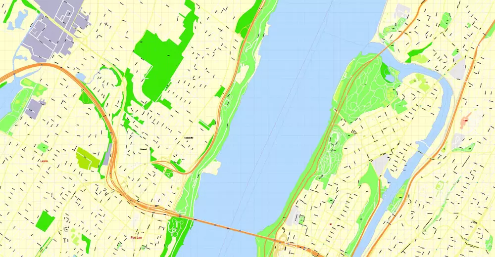 Printable Map Manhattan, New York, exact vector street G-View Level 17 (100 meters scale) map, V.08.12. fully editable, Adobe Illustrator, full vector, scalable, editable text format of street names, 4 Mb ZIP.