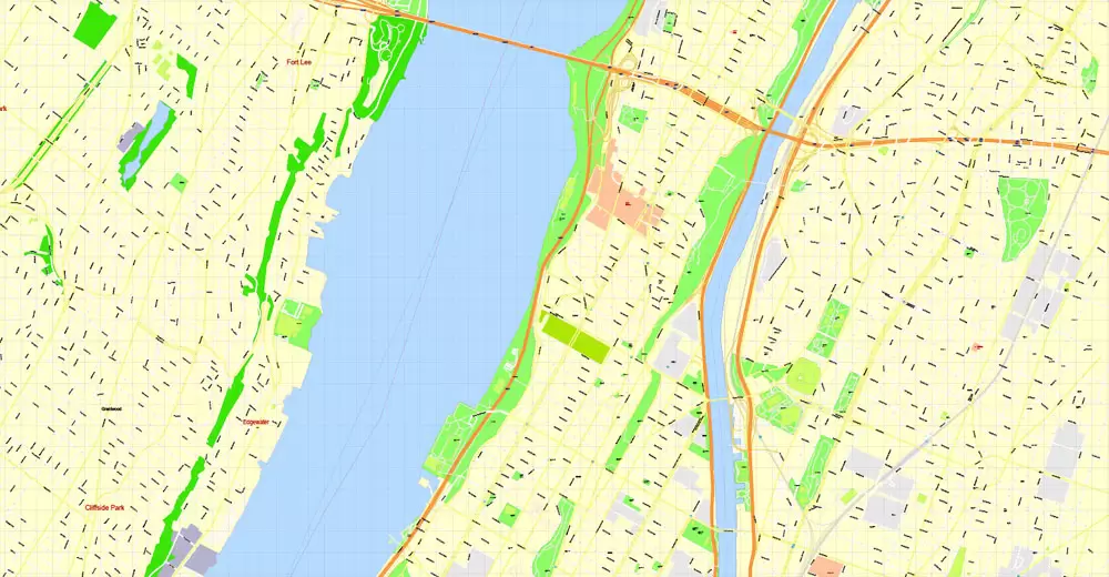 Manhattan PDF Map New York City exact vector City Plan 100 m scale editable Street Map Adobe PDF in Layers