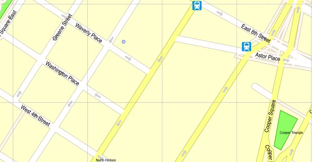 Printable Map Manhattan, New York, exact vector street G-View Level 17 (100 meters scale) map, V.08.12. fully editable, Adobe Illustrator, full vector, scalable, editable text format of street names, 4 Mb ZIP.