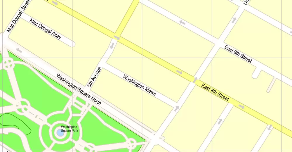 Printable Map Manhattan, New York, exact vector street G-View Level 17 (100 meters scale) map, V.08.12. fully editable, Adobe Illustrator, full vector, scalable, editable text format of street names, 4 Mb ZIP.