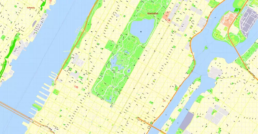 Printable Map Manhattan, New York, exact vector street G-View Level 17 (100 meters scale) map, V.08.12. fully editable, Adobe Illustrator, full vector, scalable, editable text format of street names, 4 Mb ZIP.