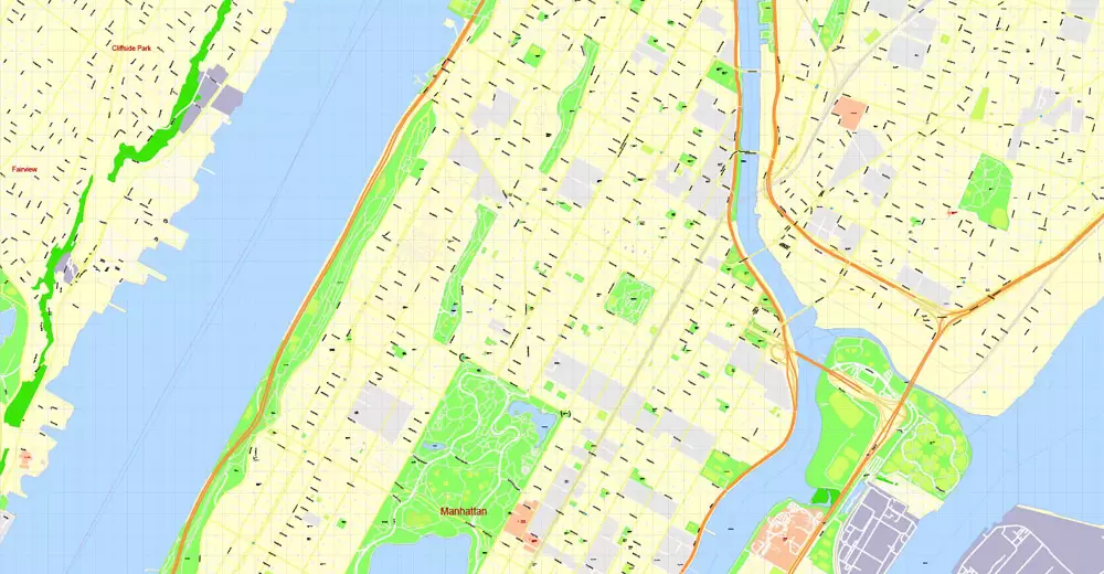 Printable Map Manhattan, New York, exact vector street G-View Level 17 (100 meters scale) map, V.08.12. fully editable, Adobe Illustrator, full vector, scalable, editable text format of street names, 4 Mb ZIP.