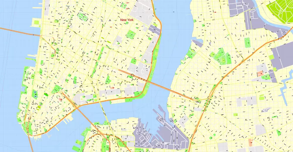 Printable Map Manhattan, New York, exact vector street G-View Level 17 (100 meters scale) map, V.08.12. fully editable, Adobe Illustrator, full vector, scalable, editable text format of street names, 4 Mb ZIP.