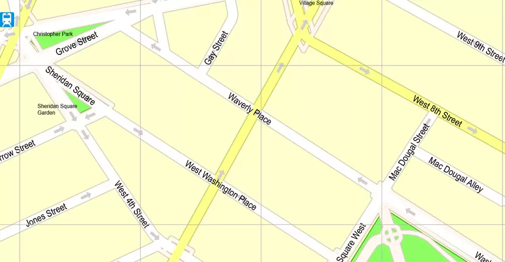 Printable Map Manhattan, New York, exact vector street G-View Level 17 (100 meters scale) map, V.08.12. fully editable, Adobe Illustrator, full vector, scalable, editable text format of street names, 4 Mb ZIP.