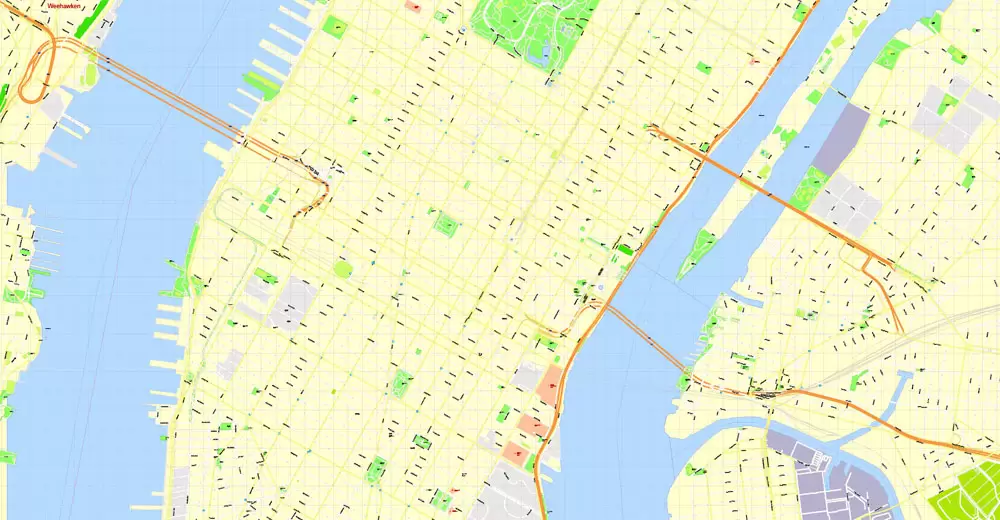 Printable Map Manhattan, New York, exact vector street G-View Level 17 (100 meters scale) map, V.08.12. fully editable, Adobe Illustrator, full vector, scalable, editable text format of street names, 4 Mb ZIP.