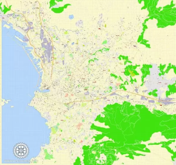 Printable Map Marseille metro area, France, exact vector street G-View Level 17 (100 meters scale) map, V.14.12. fully editable, Adobe Illustrator, full vector, scalable, editable text format of street names, 5 Mb ZIP.