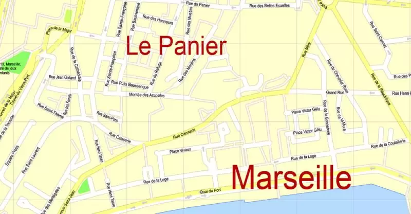 Printable Map Marseille metro area, France, exact vector street G-View Level 17 (100 meters scale) map, V.14.12. fully editable, Adobe Illustrator, full vector, scalable, editable text format of street names, 5 Mb ZIP.
