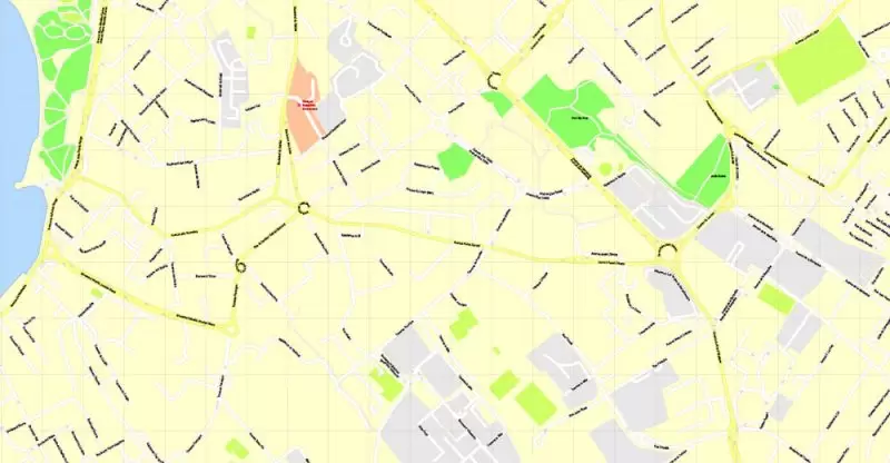 Printable Map Marseille metro area, France, exact vector street G-View Level 17 (100 meters scale) map, V.14.12. fully editable, Adobe Illustrator, full vector, scalable, editable text format of street names, 5 Mb ZIP.