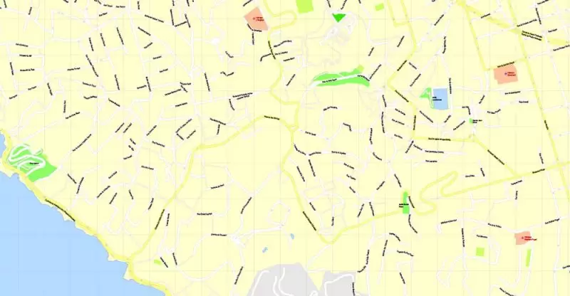 Printable Map Marseille metro area, France, exact vector street G-View Level 17 (100 meters scale) map, V.14.12. fully editable, Adobe Illustrator, full vector, scalable, editable text format of street names, 5 Mb ZIP.