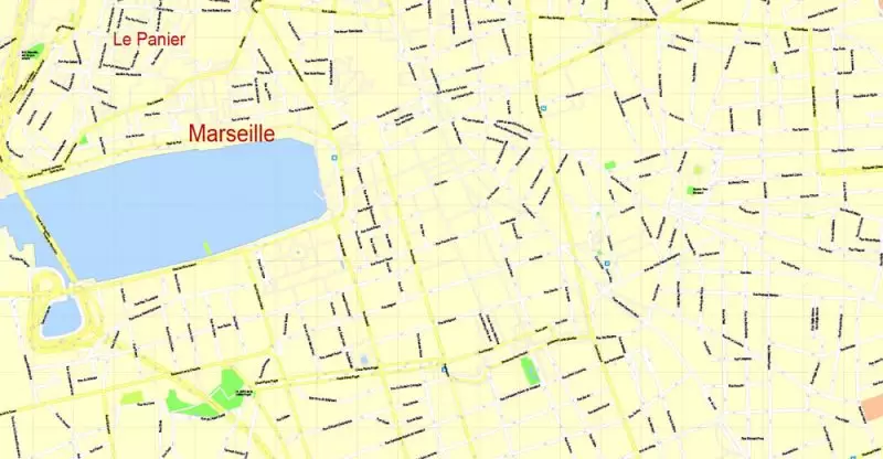 Printable Map Marseille metro area, France, exact vector street G-View Level 17 (100 meters scale) map, V.14.12. fully editable, Adobe Illustrator, full vector, scalable, editable text format of street names, 5 Mb ZIP.