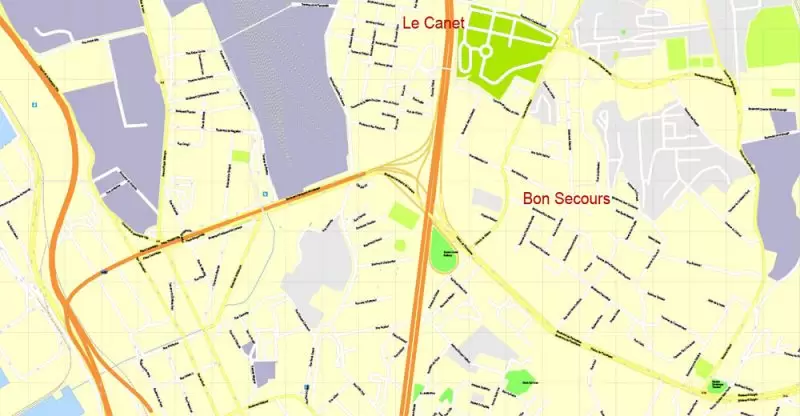 Printable Map Marseille metro area, France, exact vector street G-View Level 17 (100 meters scale) map, V.14.12. fully editable, Adobe Illustrator, full vector, scalable, editable text format of street names, 5 Mb ZIP.