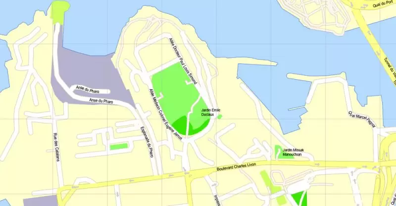 Printable Map Marseille metro area, France, exact vector street G-View Level 17 (100 meters scale) map, V.14.12. fully editable, Adobe Illustrator, full vector, scalable, editable text format of street names, 5 Mb ZIP.