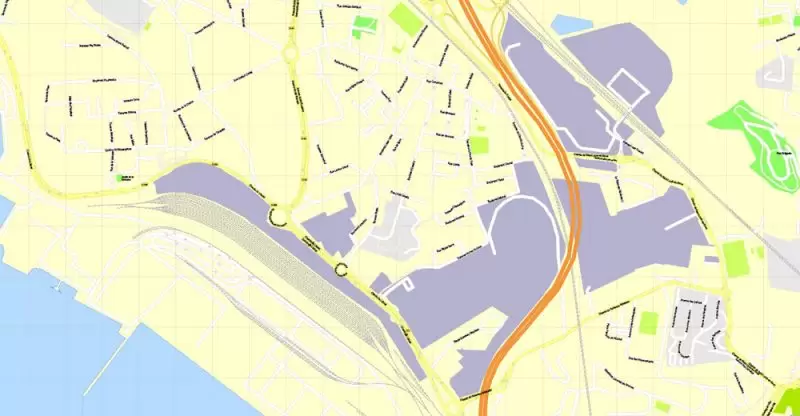 Printable Map Marseille metro area, France, exact vector street G-View Level 17 (100 meters scale) map, V.14.12. fully editable, Adobe Illustrator, full vector, scalable, editable text format of street names, 5 Mb ZIP.