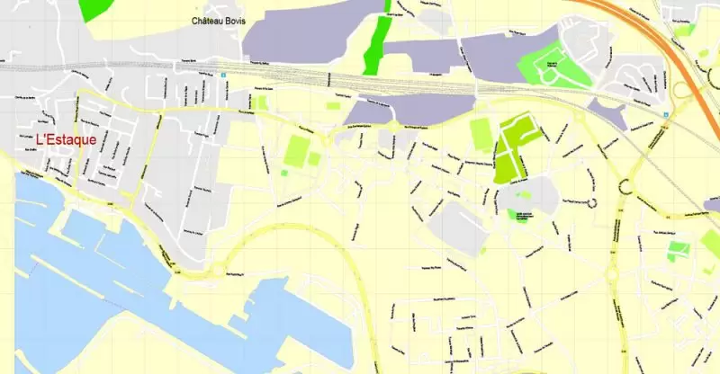 Printable Map Marseille metro area, France, exact vector street G-View Level 17 (100 meters scale) map, V.14.12. fully editable, Adobe Illustrator, full vector, scalable, editable text format of street names, 5 Mb ZIP.