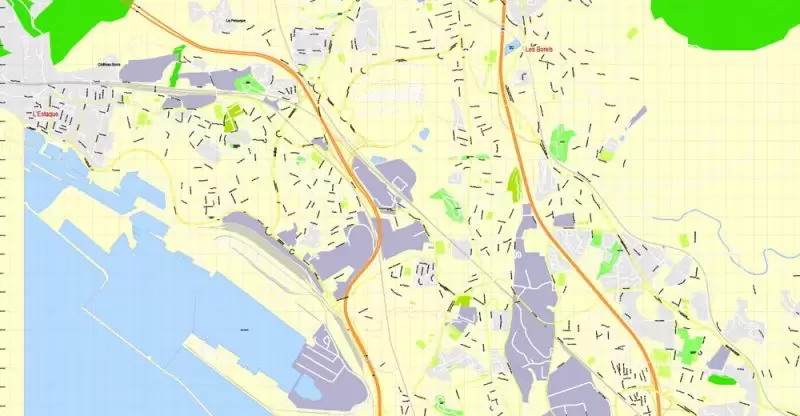 Printable Map Marseille metro area, France, exact vector street G-View Level 17 (100 meters scale) map, V.14.12. fully editable, Adobe Illustrator, full vector, scalable, editable text format of street names, 5 Mb ZIP.