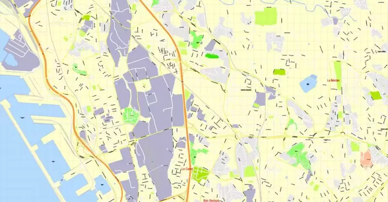 Printable Map Marseille metro area, France, exact vector street G-View Level 17 (100 meters scale) map, V.14.12. fully editable, Adobe Illustrator, full vector, scalable, editable text format of street names, 5 Mb ZIP.