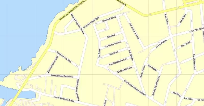 Printable Map Marseille metro area, France, exact vector street G-View Level 17 (100 meters scale) map, V.14.12. fully editable, Adobe Illustrator, full vector, scalable, editable text format of street names, 5 Mb ZIP.