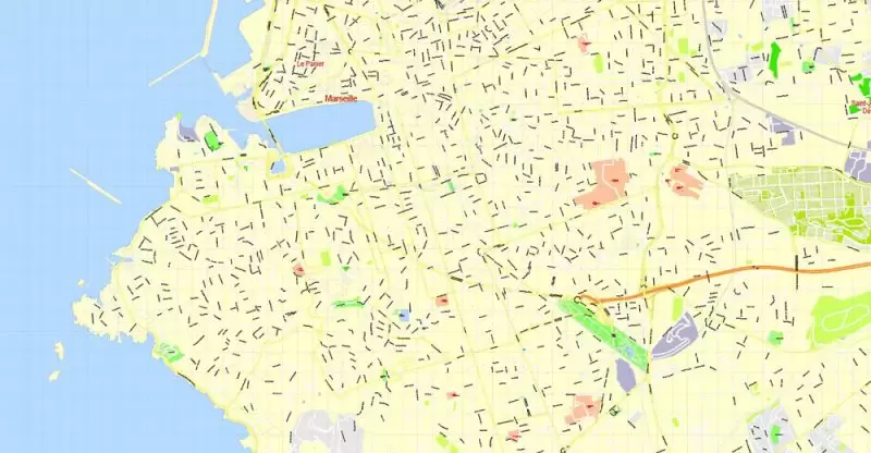 Printable Map Marseille metro area, France, exact vector street G-View Level 17 (100 meters scale) map, V.14.12. fully editable, Adobe Illustrator, full vector, scalable, editable text format of street names, 5 Mb ZIP.