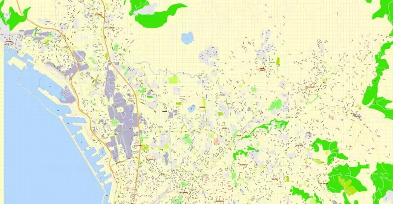 Printable Map Marseille metro area, France, exact vector street G-View Level 17 (100 meters scale) map, V.14.12. fully editable, Adobe Illustrator, full vector, scalable, editable text format of street names, 5 Mb ZIP.