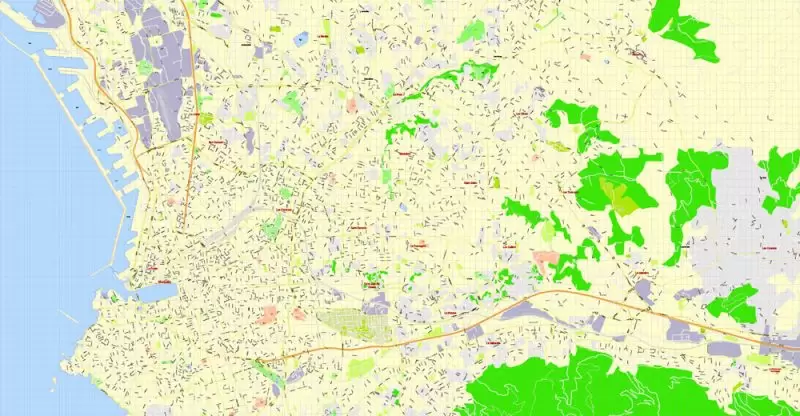 Printable Map Marseille metro area, France, exact vector street G-View Level 17 (100 meters scale) map, V.14.12. fully editable, Adobe Illustrator, full vector, scalable, editable text format of street names, 5 Mb ZIP.