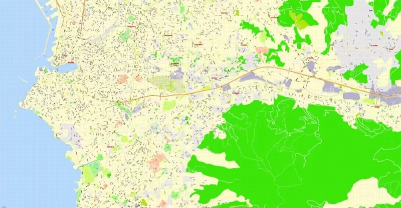 Printable Map Marseille metro area, France, exact vector street G-View Level 17 (100 meters scale) map, V.14.12. fully editable, Adobe Illustrator, full vector, scalable, editable text format of street names, 5 Mb ZIP.