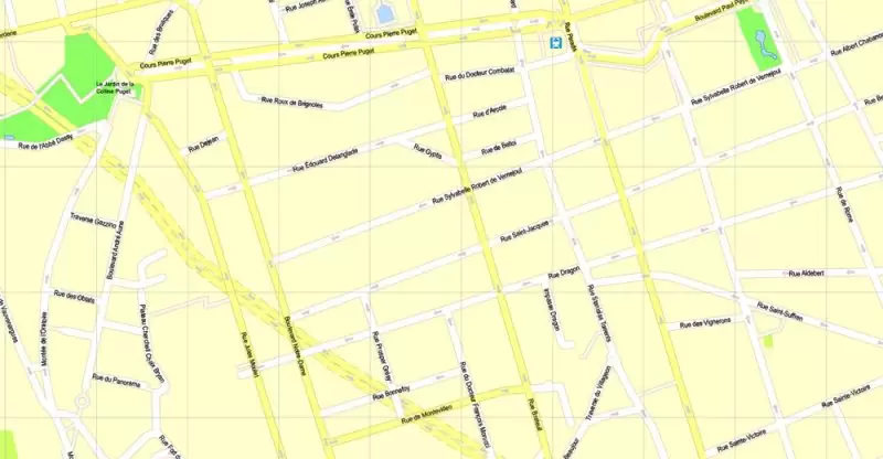 Printable Map Marseille metro area, France, exact vector street G-View Level 17 (100 meters scale) map, V.14.12. fully editable, Adobe Illustrator, full vector, scalable, editable text format of street names, 5 Mb ZIP.