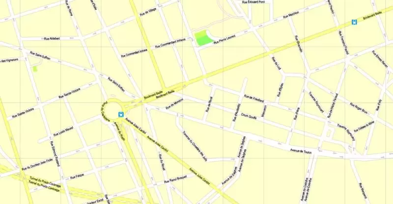 Printable Map Marseille metro area, France, exact vector street G-View Level 17 (100 meters scale) map, V.14.12. fully editable, Adobe Illustrator, full vector, scalable, editable text format of street names, 5 Mb ZIP.