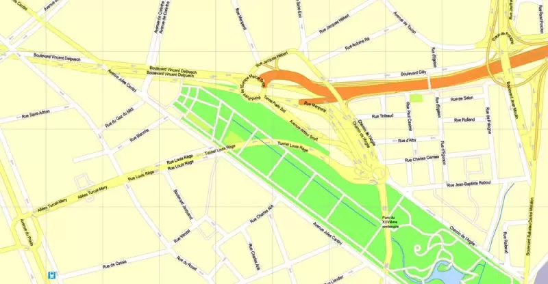 Printable Map Marseille metro area, France, exact vector street G-View Level 17 (100 meters scale) map, V.14.12. fully editable, Adobe Illustrator, full vector, scalable, editable text format of street names, 5 Mb ZIP.