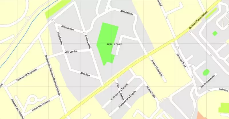 Printable Map Marseille metro area, France, exact vector street G-View Level 17 (100 meters scale) map, V.14.12. fully editable, Adobe Illustrator, full vector, scalable, editable text format of street names, 5 Mb ZIP.