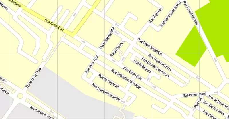Printable Map Marseille metro area, France, exact vector street G-View Level 17 (100 meters scale) map, V.14.12. fully editable, Adobe Illustrator, full vector, scalable, editable text format of street names, 5 Mb ZIP.