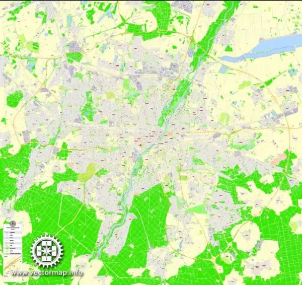 Printable Map Munich / München, Germany, exact vector street G-View Level 17 (100 meters scale) map, V.30.12. fully editable Adobe Illustrator, full vector, scalable, editable text format of street names, 16 Mb ZIP.