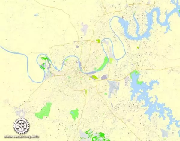 Printable Map Nashville, Tennessee, US, exact vector street G-View Level 17 (100 meters scale) map, V.16.12. fully editable, Adobe Illustrator, full vector, scalable, editable text format of street names, 9 Mb ZIP.