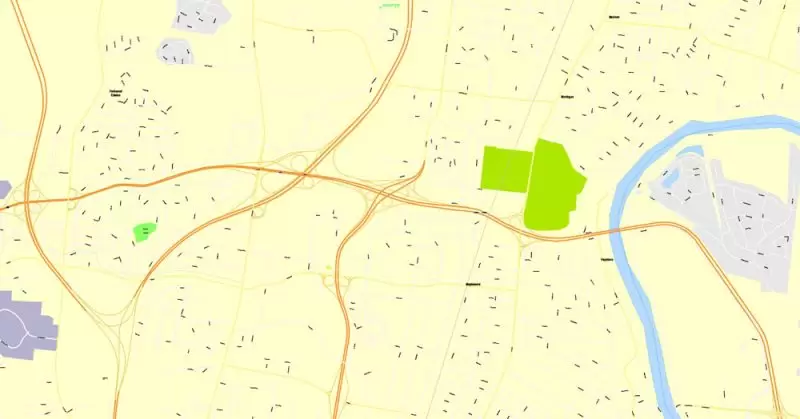 Printable Map Nashville, Tennessee, US, exact vector street G-View Level 17 (100 meters scale) map, V.16.12. fully editable, Adobe Illustrator, full vector, scalable, editable text format of street names, 9 Mb ZIP.