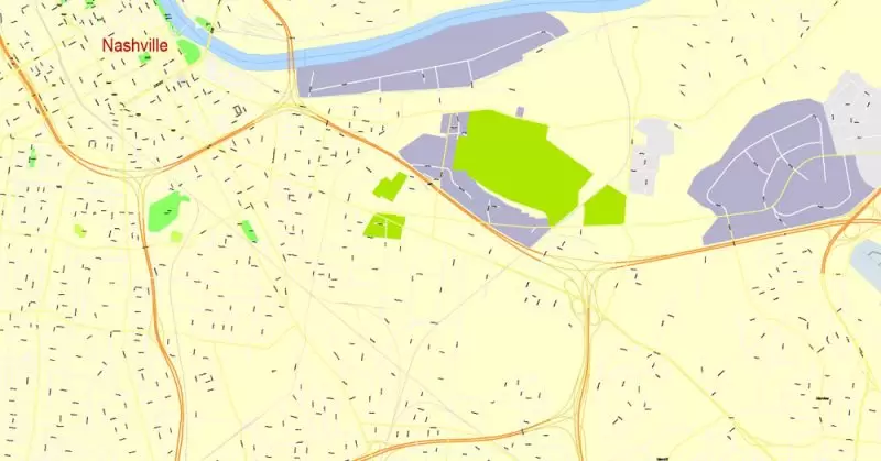 Printable Map Nashville, Tennessee, US, exact vector street G-View Level 17 (100 meters scale) map, V.16.12. fully editable, Adobe Illustrator, full vector, scalable, editable text format of street names, 9 Mb ZIP.