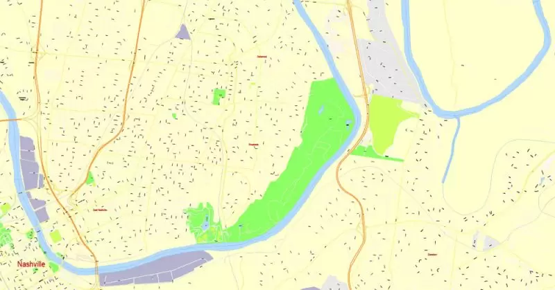 Printable Map Nashville, Tennessee, US, exact vector street G-View Level 17 (100 meters scale) map, V.16.12. fully editable, Adobe Illustrator, full vector, scalable, editable text format of street names, 9 Mb ZIP.