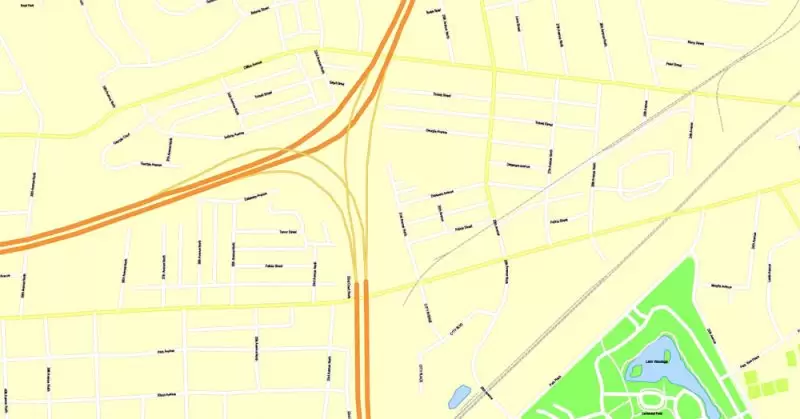 Printable Map Nashville, Tennessee, US, exact vector street G-View Level 17 (100 meters scale) map, V.16.12. fully editable, Adobe Illustrator, full vector, scalable, editable text format of street names, 9 Mb ZIP.