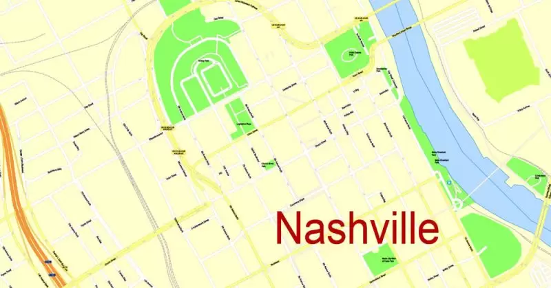 Printable Map Nashville, Tennessee, US, exact vector street G-View Level 17 (100 meters scale) map, V.16.12. fully editable, Adobe Illustrator, full vector, scalable, editable text format of street names, 9 Mb ZIP.
