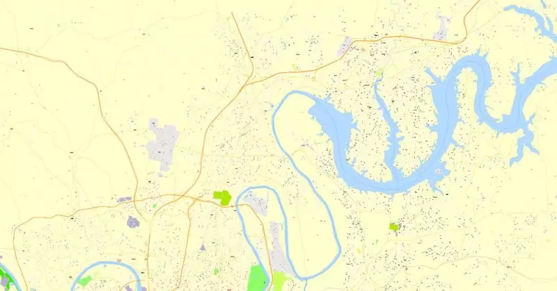 Printable Map Nashville, Tennessee, US, exact vector street G-View Level 17 (100 meters scale) map, V.16.12. fully editable, Adobe Illustrator, full vector, scalable, editable text format of street names, 9 Mb ZIP.