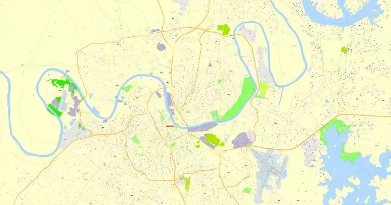 Nashville Printable Map, Tennessee, US, exact vector street map 100 meters scale fully editable, Adobe Illustrator